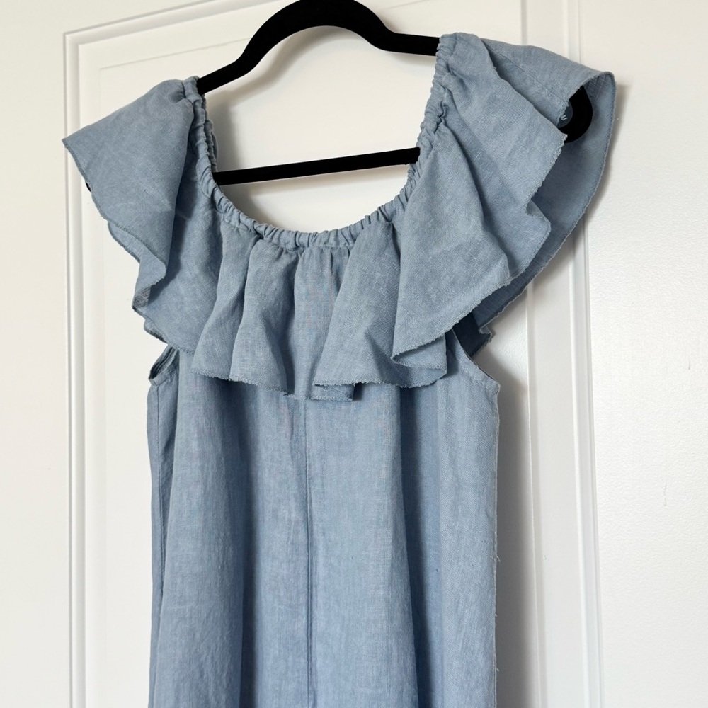 Marina Gigli 100% Linen Blue Ruffle Dress, Made in Italy, large - Picture 5 of 7